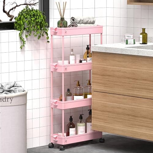 SPACEKEEPER Slim Rolling Storage Cart, 4 Tier Bathroom Cart Organizer, Pink | Narrow Rolling Cart with Wheels for Kitchen Office Bathroom Laundry Room,Mobile Utility Cart for Craft Art Makeup Nail Polish thumbnail 6