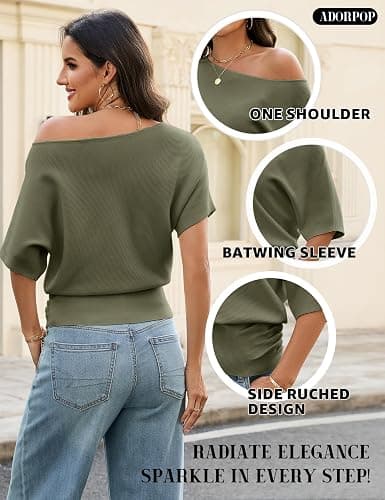 ADORPOP Off Shoulder Tops for Women - Short Sleeve Batwing Sweater Soft Cinched Waist Knit Summer Going Out Top Date Night thumbnail 2