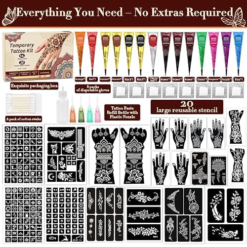 Temporary Tattoo Kit with 20 Sheets Stencils, 14 Ink Colors & Accessories | DIY Body Art Set with Mixing Bottles, Cotton Swabs and Gloves for Festivals, Parties, Makeup and Creative Designs thumbnail 2