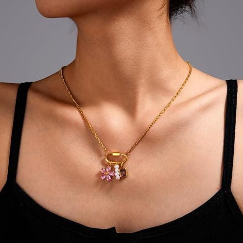 immerFancy Gold Charm Necklace for Women Western Boho Jewelry, Charm Holder Carabiner Paperclip Chain Necklaces with Star Moon Horseshoe Fish Shell Pendant Charms Celestial Choker Necklaces Gift thumbnail 2