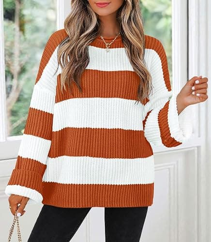 ZESICA Women's 2025 Fall Long Sleeve Oversized Striped Color Block Comfy Loose Crew Neck Knitted Pullover Sweater thumbnail 2