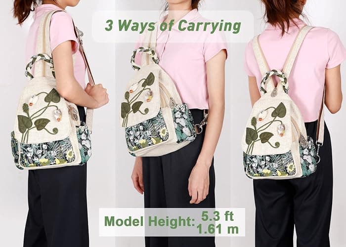 Girl's Convertible Sling Bag, Hand Craft Artisan Purse, Beautiful Canvas Premium Casual Day Mini Backpack for Women (Green Marsh) thumbnail 4