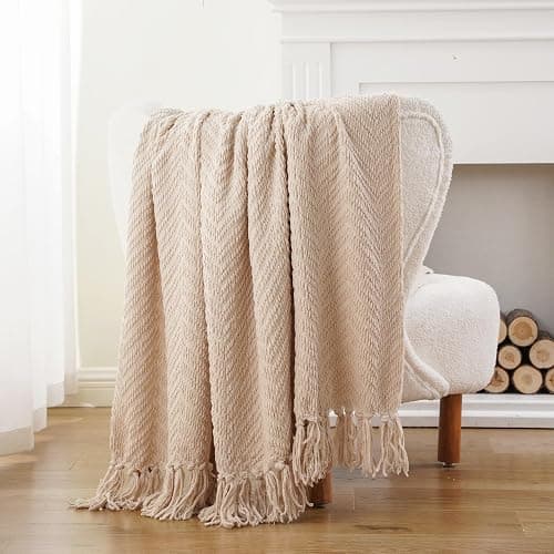 BATTILO HOME Beige Throw Blanket for Couch, Knitted Beige Throw for Bed, Neutral Throw Blankets Tan Throw Blanket for Room Decor Housewarming Gifts, 50" x 60" thumbnail 4
