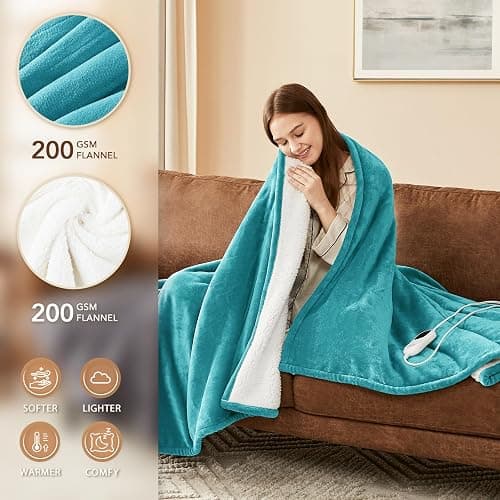 Homemate Heated Blanket Electric Throw - 50"x60" Heating Blanket Throw 1/2/4/6/8 Hours Auto-Off 10 Heat Level Over-Heat Protection Flannel Sherpa ETL Certification thumbnail 2