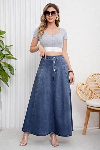 ebossy Women's Retro High Waisted Button Fly Flared Long Jean Skirts Pleated Flowy Swing A-line Denim Maxi Skirts thumbnail 2