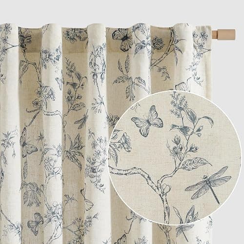 Lazzzy Blue Floral Curtains 84 Inch Length Linen Farmhouse Curtain Back Tab Drapes for Living Room Bedroom Light Filtering Vintage Rod Pocket Curtains, 2 Panels, Blue on Beige - Image 1