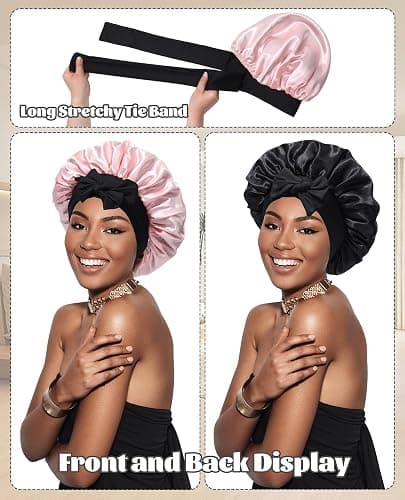 Satin Bonnet Silk Bonnet for Sleeping Silk Sleep Cap Double Layer Hair Bonnet with Elastic Tie Band for Curly Hair Night Cap (Black + Peach Pink) thumbnail 2