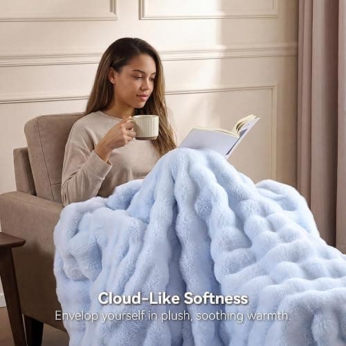 Smoofy Faux Fur Throw Blanket for Couch - Light Blue Super Soft Cozy Bubble Blanket, Fluffy Plush Fuzzy Throw for Sofa & Bed, Thick Lightweight Warm Blanket, Luxury Aesthetic Gift for Women 60"x80" thumbnail 2