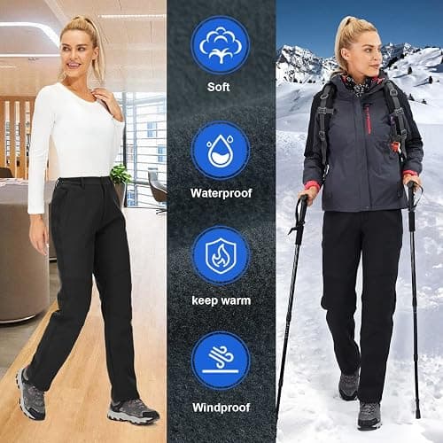 Womens Snow Pants Winter Fleece Lined Waterproof Soft Shell Insulated Outdoor Camping Travel ski Pants - 12 - 5022 Black thumbnail 7