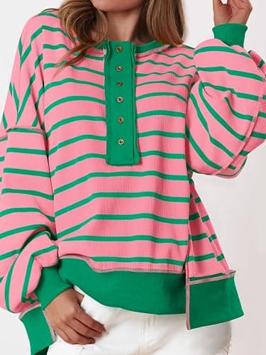 PRETTYGARDEN Womens Fall 2025 Striped Oversized Sweatshirt Long Sleeve Button Up Henley Neck Waffle Knit Pullover Tunic Tops thumbnail 2