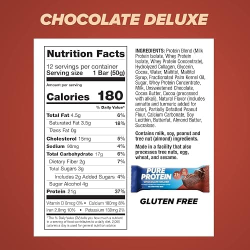 Pure Protein Chocolate Deluxe Protein Bars – 21g Protein, 3g Sugar, 190 Calories (12 count) Low Sugar* High Protein Snack - Gluten Free - Perfect for a Healthy Snack thumbnail 2