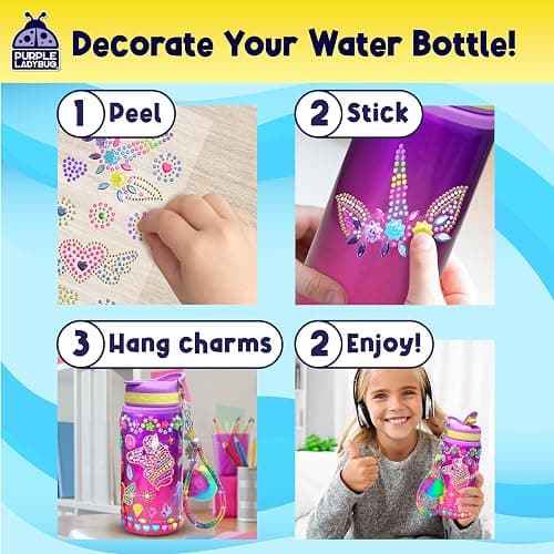 PURPLE LADYBUG Decorate Your Own Water Bottle Craft Kits for Kids - 6 Year Old Girl Gifts, Girls Birthday Presents, Arts and Crafts for Kids Ages 5-12, Unicorn Gifts for Girls - Gemstone - Purple thumbnail 3