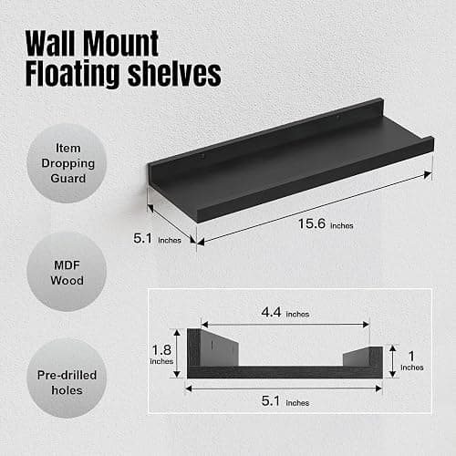 RICHER HOUSE 5 Set Floating Wall Mounted Shelves, Black Shelves for Wall Decor, Modern Picture Ledge Shelf with Lip for Storage, Nursery, Bedroom, Living Room, Bathroom - Black thumbnail 3