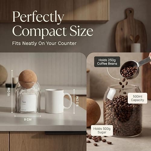 Livabl Tea Coffee and Sugar Canisters Set - Set of 3 Unique Cork Ball 500ml Glass Jars - Perfect Sugar Tea Coffee Set Organiser thumbnail 6