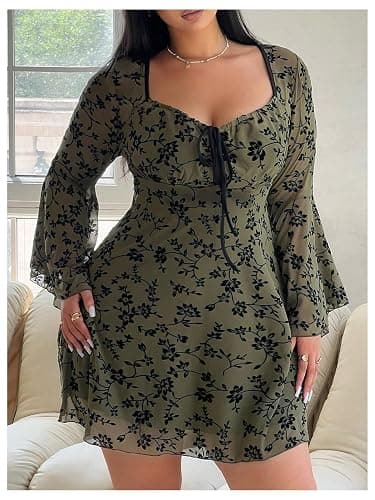 Floerns Women's Plus Size Floral Gothic Dress Flare Long Sleeve Mesh Grunge A Line Dress thumbnail 3