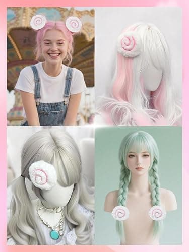 White Fluffy Fish Cake Hair Clips Cute fuzzy Hair Clips for Women Girls Y2K Anime Buns Kawaii Lolita Accessories Stylish Headpieces for Cosplay Halloween New Year Party thumbnail 4