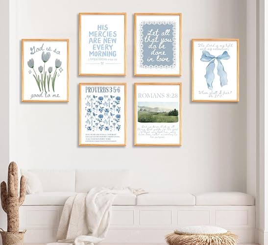 Set of 6 Trendy Blue Christian Canvas Wall Art Bible Verses Preppy Posters Coquette Blue Bow Biblical Painting Pictures Religious Scripture Prints for Girls Room Dorm Apartment Home Decor Unframed thumbnail 6