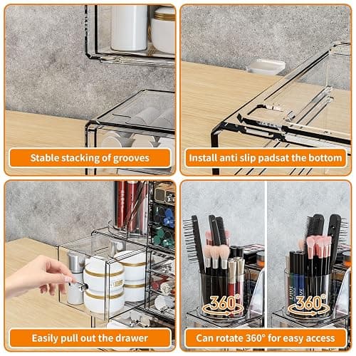 3 Pack Clear Makeup Organizer & Cosmetic Storage Cases for Vanity,Bathroom,Dresser Countertop,Cute Skincare Organizers with Brush Holder & Acrylic Makeup Storage Organizer for Beauty Products,Lipstick - 9 Drawer thumbnail 7