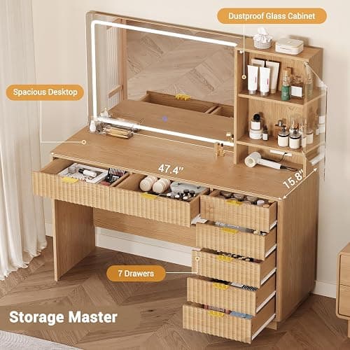 BTHFST Fluted Vanity Desk with Large Mirror,Lights,Charging Station, Oak | 47.4" Large Makeup Vanity with 7 Drawers, Glass Cabinet, Storage Shelves, Wood Vanity Table for Women, Girls thumbnail 4