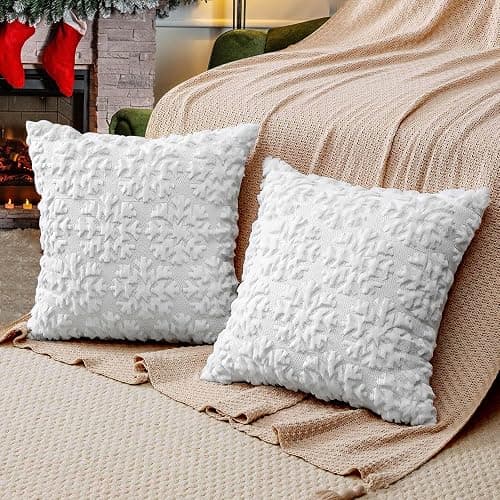 Christmas Pillow Covers 18'' x 18'' Set of 2, Soft Faux Rabbit Fur 3D Embroidery Snowflakes Throw Pillow Covers for Holiday Christmas Decor Sofa, Couch, Party, Invisible Zipper, Skin-Friendly thumbnail 4