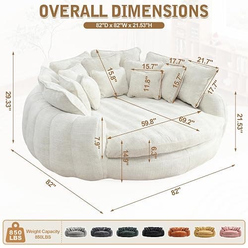 SumKea 82'' Oversized Upholstered Sofa Bed, Round Chaise Lounge Chair Indoor, Modern Chenille Boneless Couch, No Assembly Required, Plush Sleeper Chair with 14 Pillows for Living Room, Beige thumbnail 2