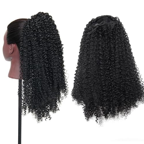 GOTEFERBE Kinky Curly Drawstring Ponytail 1B Off Black Afro Curl Synthetic Fiber Clip In Ponytail for Women Thick Coily Curls Natural Looking Hairpiece 18 Inch thumbnail 2