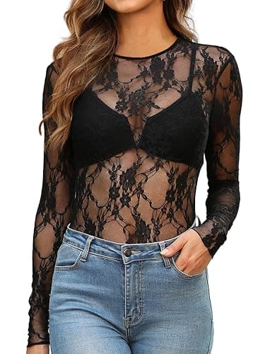 OFEEFAN Womens Mesh Tops Lace Long Sleeve Shirts Crewneck Slim Fitted Outfits See Through Blouses thumbnail 2