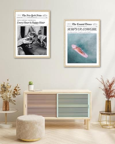 iHery Every Hour is Happy Hour Small Framed Trendy NewsPaper Wall Art, Natural OAK Wood 8x10in Canvas Wall Decor For Bedroom, Retro News Prints Posters for Girl Dorm Living Room Home 1Pack thumbnail 7