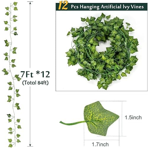 JACKYLED 84Ft 12 Pcs Artificial Ivy Garland Fake Vines with 65ft 200 LED String Lights and Remote Control Faux Hanging Leaves thumbnail 3