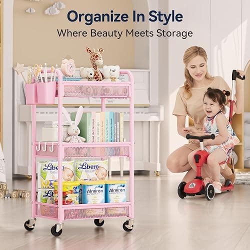 YASONIC 3 Tier Rolling Cart – Metal Utility Storage Cart with Wheels, Craft Cart Organizer with Hanging Cups, Hooks, Mesh Basket for Bedside Kitchen Office Art, Pink thumbnail 7
