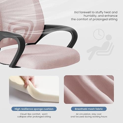 DUMOS Office Desk Chair - Ergonomic Mid Back with Lumbar Support & Rocking Mode, Height Adjustable with Fixed Armrest, Storage Back for Computer, Gaming, Conference, Meeting Room, 360° Swivel, Pink thumbnail 6