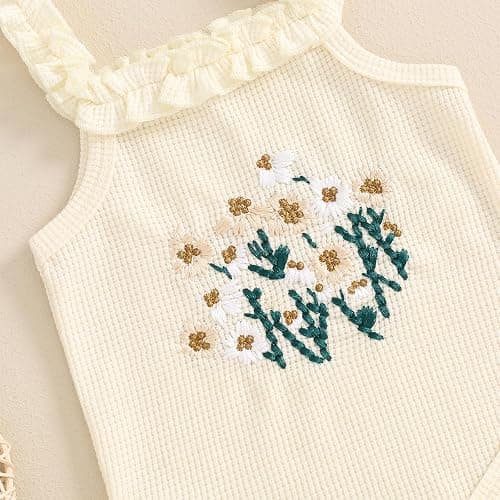 Kavousa Newborn Baby Girl Summer Clothes Floral Embroidery Hater Romper Bloomers Shorts Set Headband Cute Baby Girl Outfit thumbnail 5