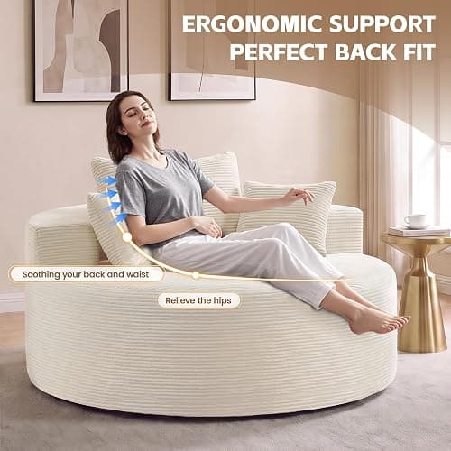 55" Oversized Round Chaise Lounge Indoor, Corduroy Boneless Bean Bag Chair, Compressed Cloud Floor Sofa, No Assembly Comfy Oversized Round Chair Fluffy Accent Chair for Living Room Bedroom, Beige thumbnail 5