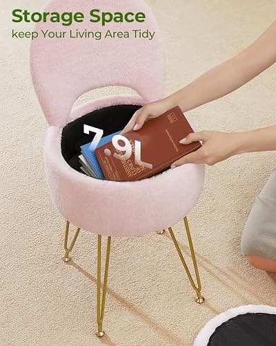GREENSTELL Small Vanity Stool Chair with Storage and Folding Back, 13" x 13" x 17.7" Faux Fur Soft Ottoman for Teenager, 4 Metal Legs with Anti-Slip Feet, Furry Padded Seat for Makeup, Bedroom, Pink thumbnail 4