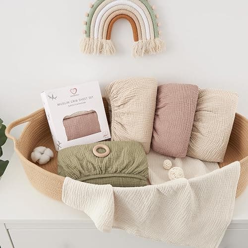 Bearmoss Muslin Crib Sheets 100% Cotton Baby Crib Sheets Fitted for Standard Crib Mattress & Toddler Bed Mattress 52"x28" Soft Breathable Crib Sheet Neutral for Boys Girls - 2 Pack (Oat Latte) thumbnail 2