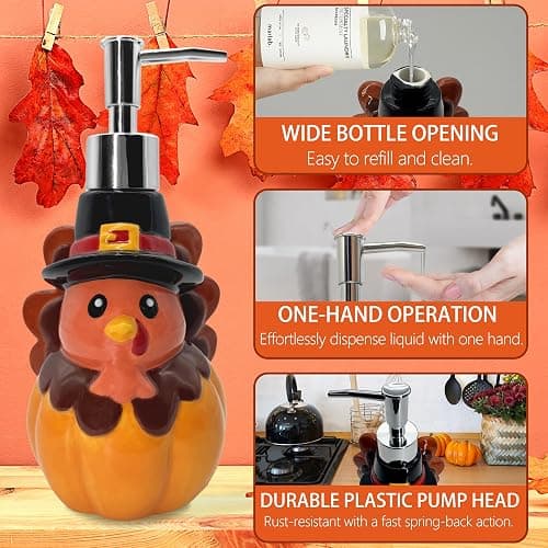 Thanksgiving Turkey Soap Dispenser, Thanksgiving Turkey Bathroom Decor Ceramic Soap Dispenser for Kitchen Countertop, Thanks Bathroom Decorations Refillable Hand Soap Dispenser with Pump Kitchen Decor thumbnail 3