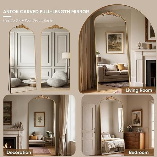 Antok Arched Full Length Mirror, 71"x32" Floor Mirror with Carved, Full Body Mirrors for HomeDecor, Standing/Halling Large Wall Mirror for Bedroom, Living Room, Cloakroom, Gold, Retro Style thumbnail 6