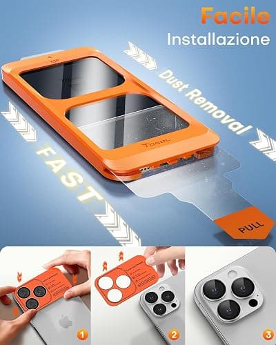 TOCOL Pellicola Vetro Temperato per iPhone 15 Pro con Pellicola Fotocamera, Rimozione Automatica Della Polvere, Senza Bolle, Anti-Impronte, Durezza 9H, Copertura Completa, Argento thumbnail 3