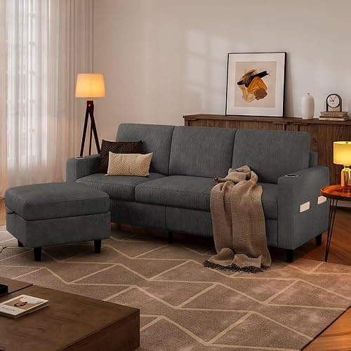 POYISOU Convertible Sectional Couches for Living Room, 3 Seats L Shaped Sofa with Storage Ottoman and 2 Cup Holders, Modern Corduroy Couch Small Sofas for Small Space Apartment Office, Dark Grey thumbnail 4