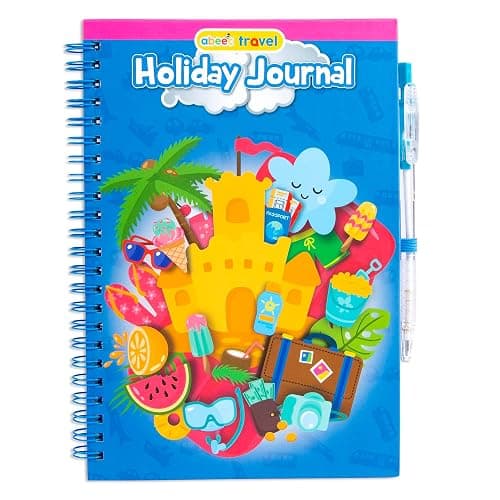 abeec Kids Holiday Journal with Pen | Travel Essentials for Kids Aged 6+ | Summer Activity Book with Puzzles Checklists & Games | 16 Activity Sheets & 34 Lined Pages | Plane Car & Caravan Fun - Image 1