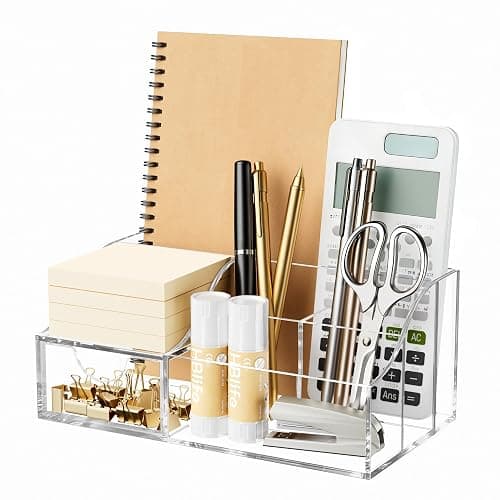 HBlife Acrylic Desk Organizer with Drawer, Pen & Pencil Holder, Multifunctional Desktop Caddy for Office Supply and Organization (Clear) - Image 1