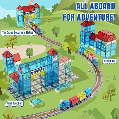 SKTMYY Magnetic Tiles Train Toys, Train Station Magnet Tiles for Kids Ages 4-8 with Magnetic Tiles Cars, Preschool Classroom Educations STEM Learning Montessori Toys Gifts for Toddler Boys and Girls thumbnail 3
