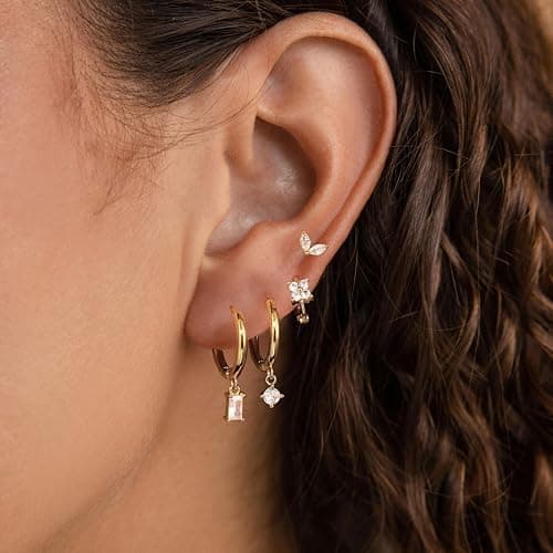 Gold Earrings for Women, 14k Gold Plated Dangle Huggie Earrings for Women Trendy Dainty Gold Hoop Earring Stacks Hypoallergenic Pearl Chain Drop Cartilage Earring Fashion Womens Jewelry thumbnail 2