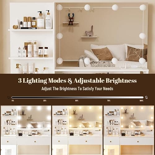 INNOD 40" Vanity Desk with Large Mirror and Lights, Modern Glass Top Makeup Vanity Set with Power Outlet, Drawers and Cabinet, 3 Lighting Color Adjustable Dressing Table for Bedroom,White thumbnail 5