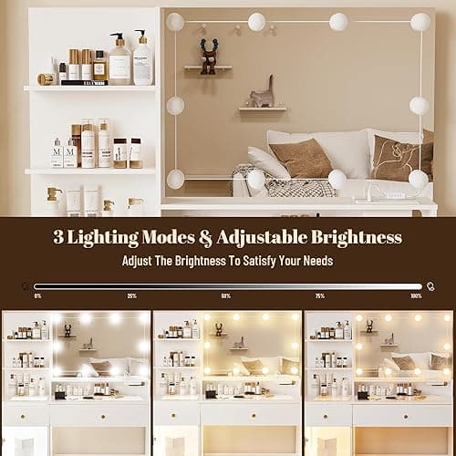 INNOD 40" Vanity Desk with Large Mirror and Lights, Modern Glass Top Makeup Vanity Set with Power Outlet, Drawers and Cabinet, 3 Lighting Color Adjustable Dressing Table for Bedroom,White thumbnail 5