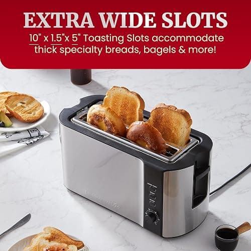 Elite Gourmet ECT-3100 Long Slot 4 Slice Toaster, Reheat, 6 Toast Settings, Defrost, Cancel Functions, Built-in Warming Rack, Extra Wide Slots for Bagels & Waffles, Stainless Steel & Black thumbnail 5