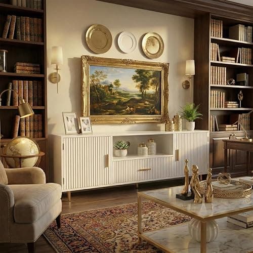 DIYART Modern Fluted TV Stand for 55/60/65 Inch TV, 57" Entertainment Center Media Console Table with Drawer & Storage Cabinets, Ribbed Design TV Cabinet Credenza for Living Room, White thumbnail 7