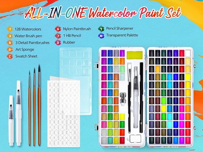 Caliart 128 Colors Watercolor Paint Set, Portable Travel Watercolors Palette Kit, with Metallic Color, Detail Painting Brushes, Water Brush Pens, Art Supplies Coloring Drawing Gifts for Adults Artists Teen Girls Boys Beginners thumbnail 4