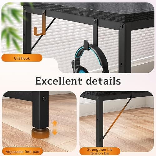 DurayLoly Gaming Desk 56 Inch with LED Lights and Power Outlets,Reversible Computer Desk with Drawers and Shelf,Gaming Table with Hooks for Headphone,Bags,Black Desk for Bedroom,Dorm,Black thumbnail 8