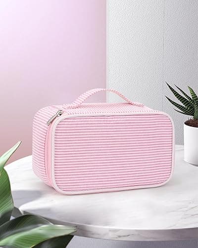 Relavel Cute Makeup Bag for Girls, Portable Pink Cosmetic Bag, Dual-layer Makeup Pouch with Brush Holder, Multi-Functional Preppy Toiletry Organizer for Travel, Daily Use - Pink Strip thumbnail 2